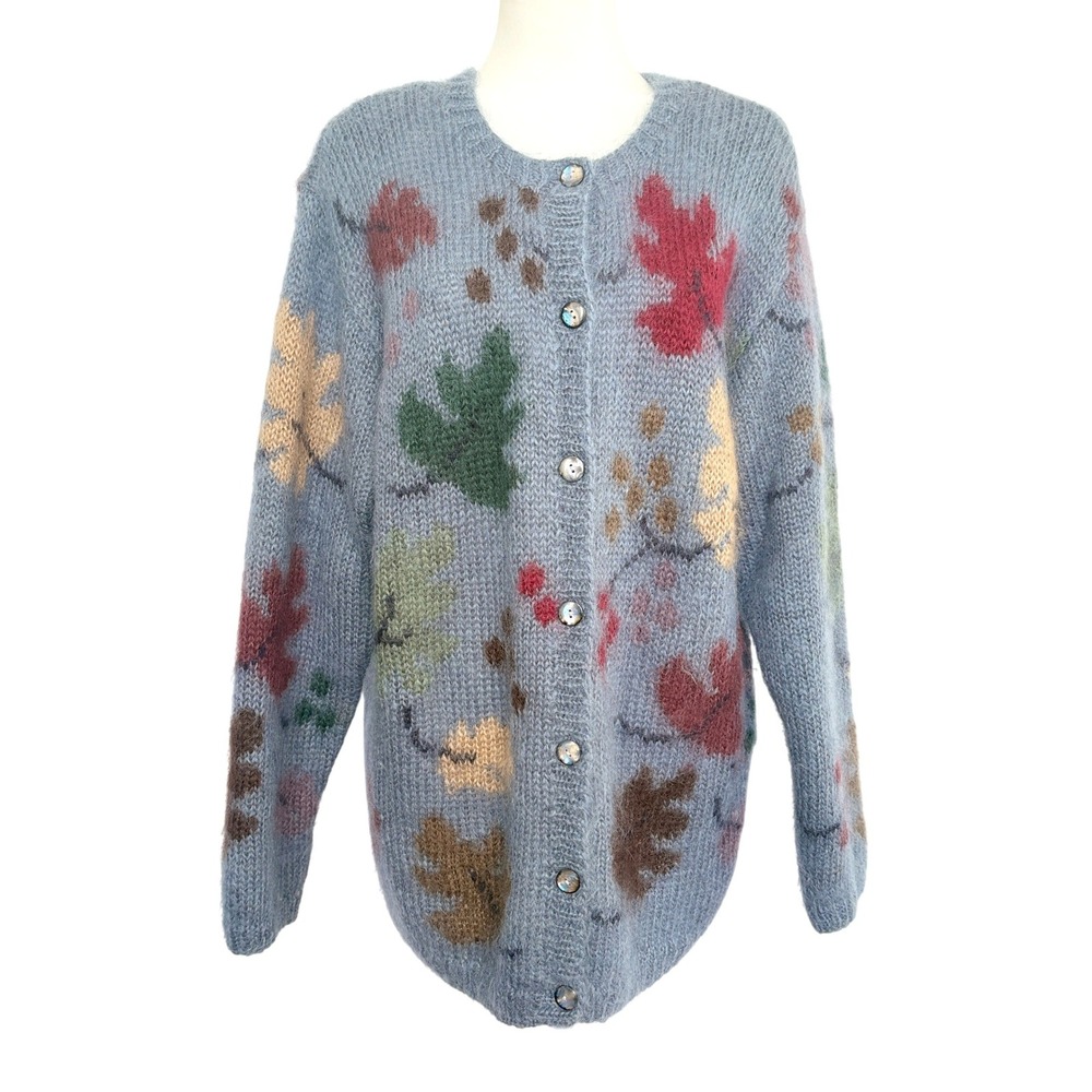 MOHAIR VTG Talbots Hand Knit‎ Leaf Print Mohair SOFT Cardigan Sweater Size L